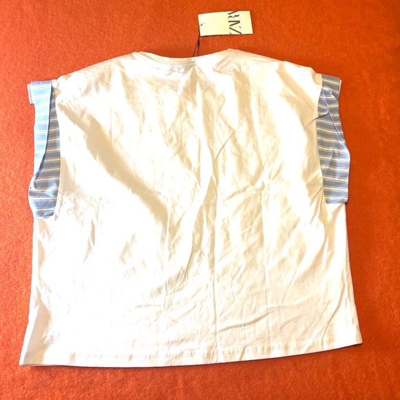 Zara white and blue short poplin details sleeves top t-shirt NWT - Picture 9 of 9